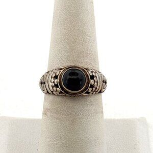Estate Sterling Silver 925 Onyx Cabochon Ring Size 7 Ornate Vintage Style 5.2g